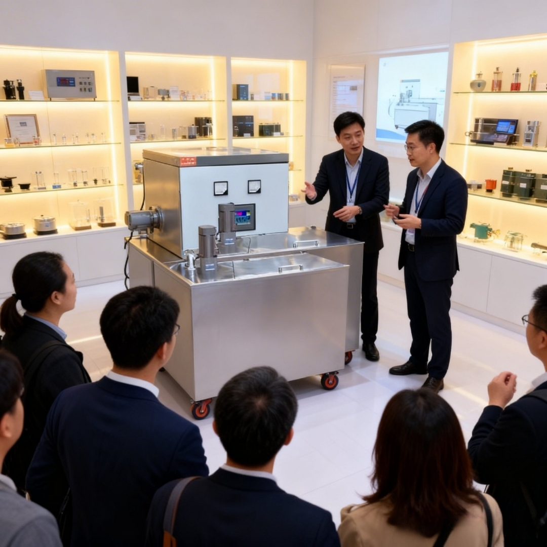 Seorang presenter menjelaskan mesin pet aquamation kepada sekelompok orang dalam ruang showroom modern